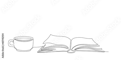 Continuous single line drawing of open book and cup of coffee or tea at work desk. One line notebook with drink. Concept of study, knowledge, education, business. Hand drawn sketch editable stroke