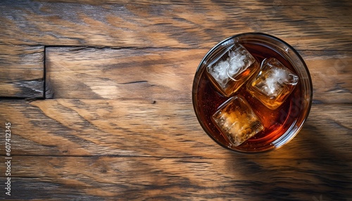 Whiskey and coke on a rustic bar from above 
