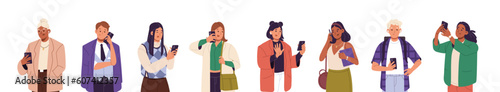 People use mobile smart phones set. Men, women holding smartphones in hands, calling, talking, texting, taking photo. Communication concept. Flat vector illustrations isolated on white background