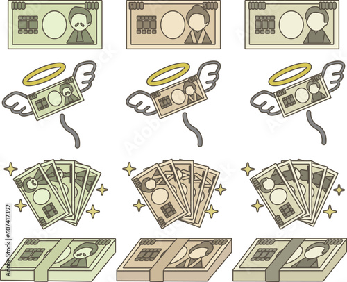 千円札・五千円札・一万円札の紙幣イラスト
