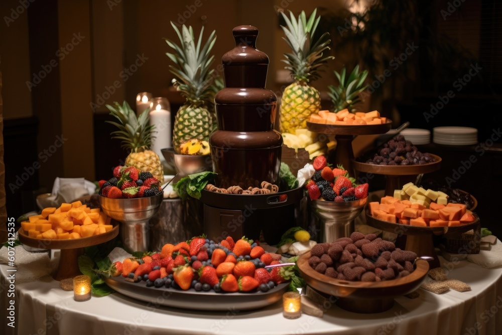 chocolate fountain surrounded by bowls of fresh fruit, cookies and pastries, created with generative ai