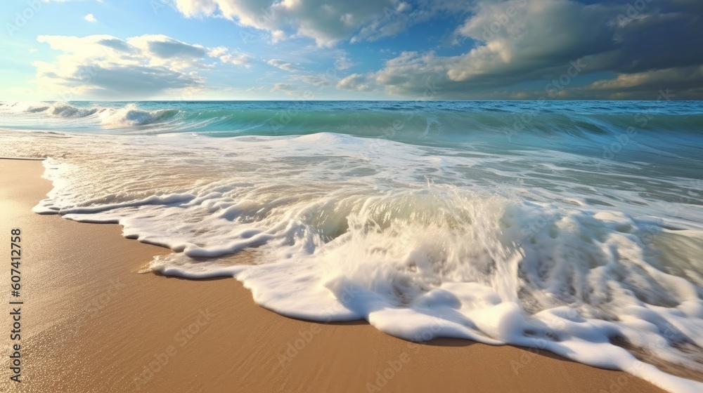 Beautiful sandy beach and soft blue ocean. waves on the beach. wave breaking on the rocks. Generative AI