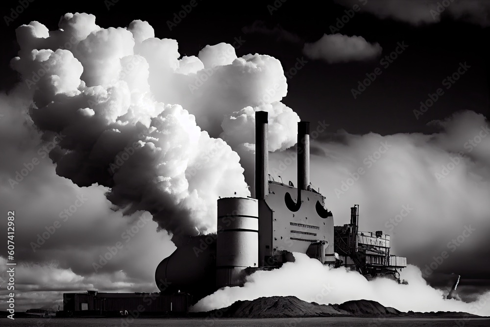 steam rising from pulp and paper mill, with clouds in the background ...