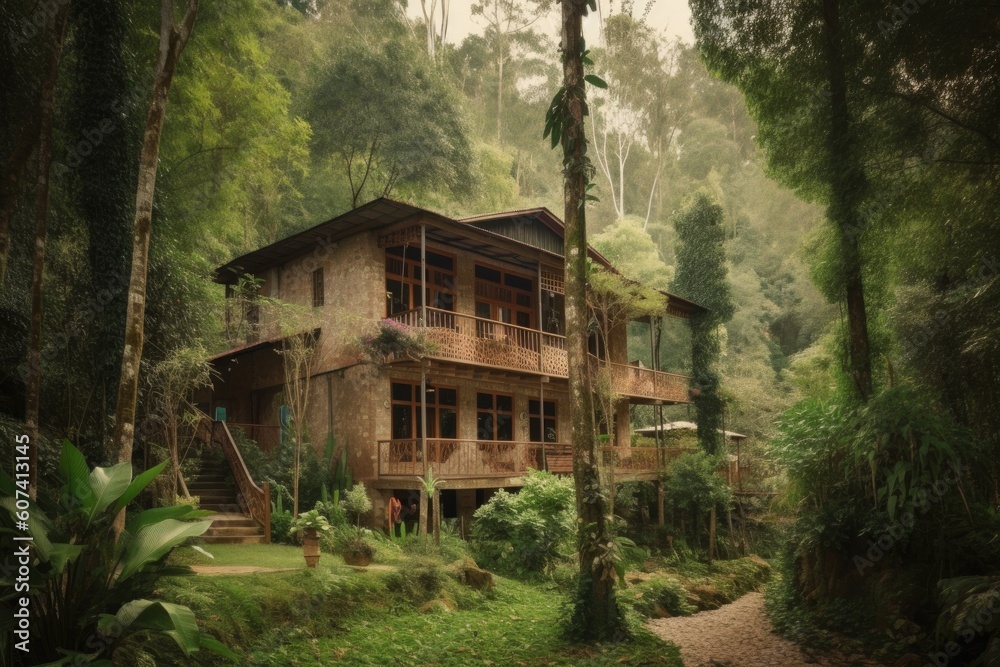 eco-friendly hotel, surrounded by lush greenery and natural surroundings, created with generative ai eco-friendly hotel, surrounded by lush greenery and natural surroundings, created with generative ai