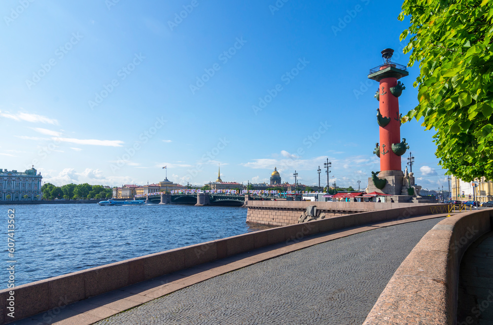 Saint Petersburg in summer. View of the sights of St. Petersburg from the Spit of Vasilyevsky Island, Russia