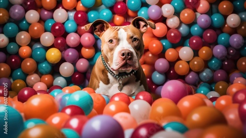 pitbull sitting in a room filled with balloons