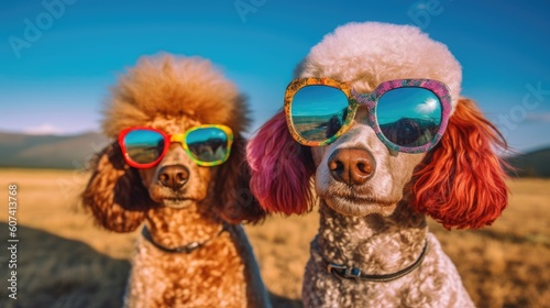 poodles wearing colorful sunglasses