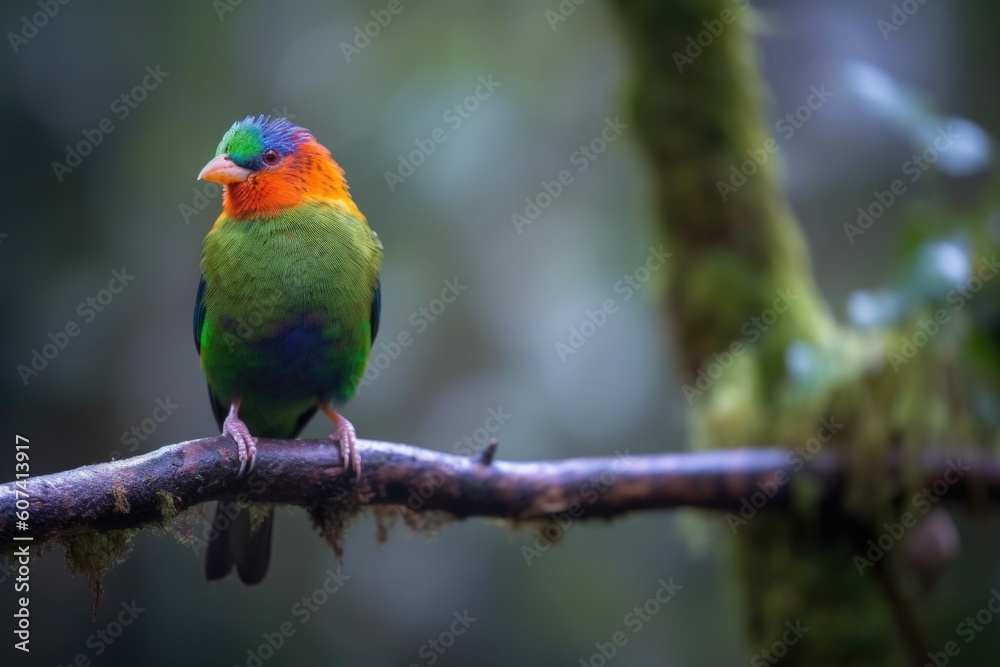 colorful bird perched on branch with view of the forest, created with generative ai