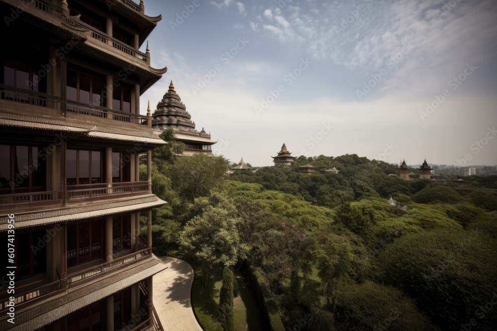 posh hotel, with view of majestic pagoda on the horizon, created with generative ai