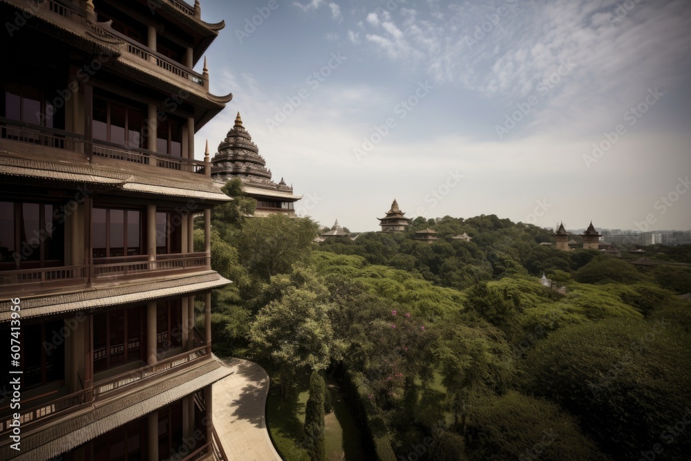 posh hotel, with view of majestic pagoda on the horizon, created with generative ai posh hotel, with view of majestic pagoda on the horizon, created with generative ai