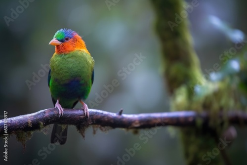 colorful bird perched on branch with view of the forest, created with generative ai