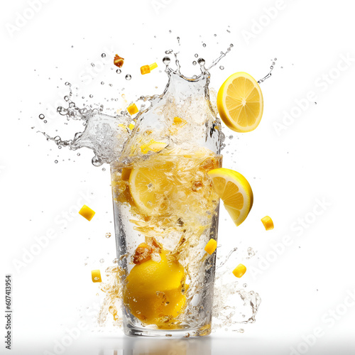 Tasty fresh juicy lemonade with lemons explode