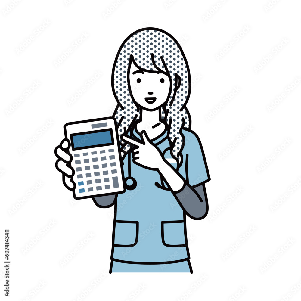 立って電卓を指差してこちらに向けて見せている看護師の女性 立って電卓を指差してこちらに向けて見せている看護師の女性