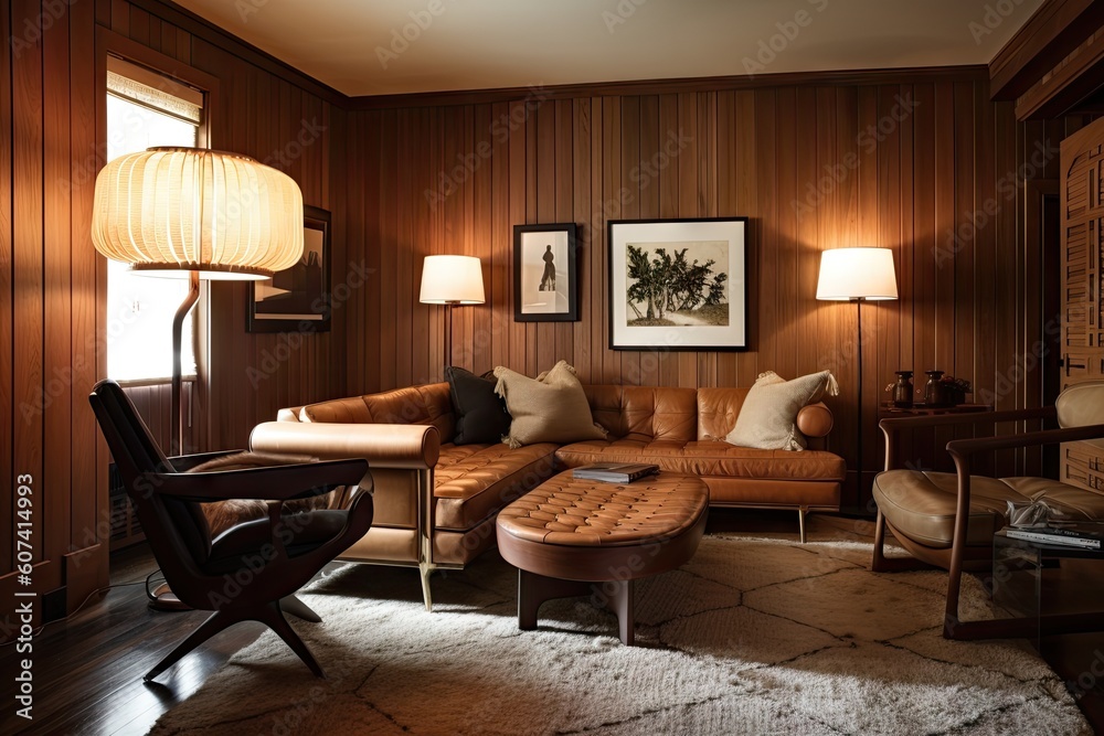 Fototapeta premium warm and inviting living room with wood-paneled walls, plush seating, and floor lamp, created with generative ai