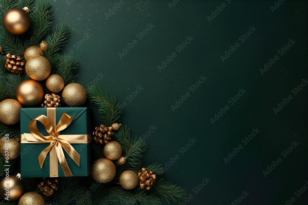 Christmas greeting card with gift, green and golden glass balls, evergreen branches on green background. Space for text. View from above. Flat lay. Generative AI.