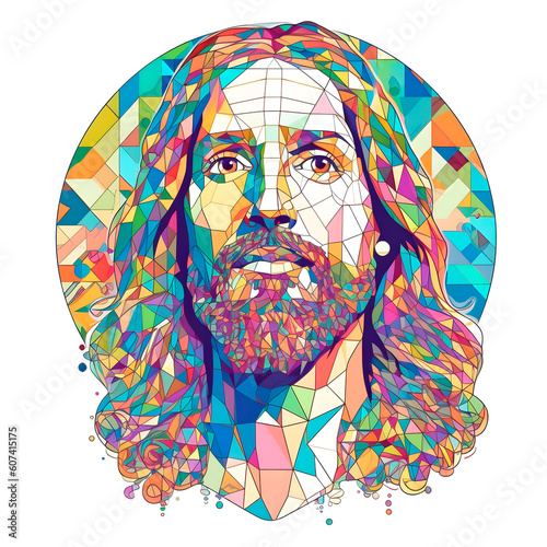 modern portrait of jesus christ on transparent background, portrait of jesus in modern geometric polygonal style as stained glass fresco, generative ai