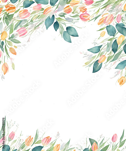 Abstract floral art background with tulips. Botanical watercolor hand drawn flowers paint. Design illustration for wallpaper, banner, print, poster, cover, greeting and invitation card. Generative AI