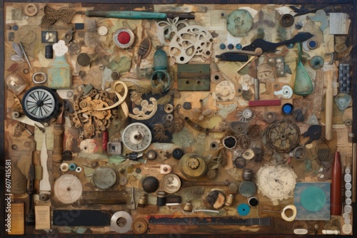 collage of found objects, pieced together to create one-of-a-kind work, created with generative ai
