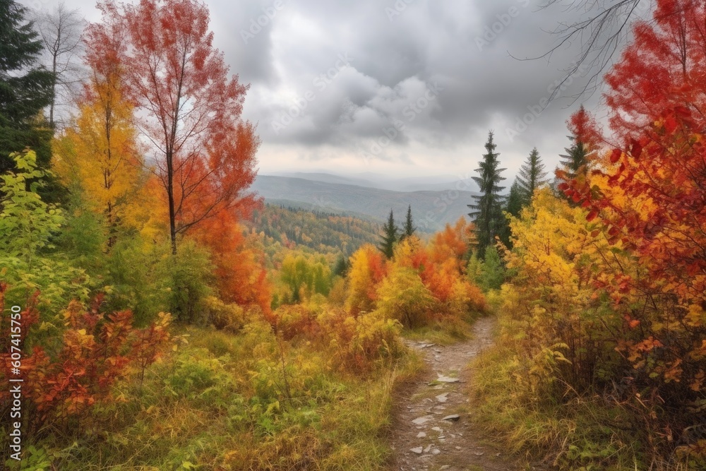 autumn forest hike with colorful foliage and misty clouds in the sky, created with generative ai
