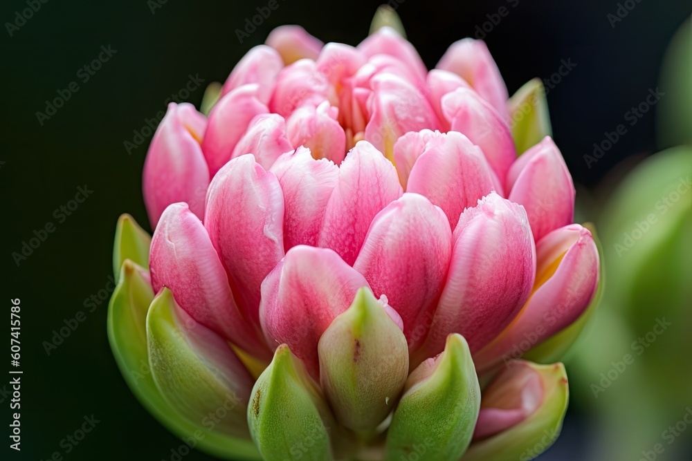 close-up of pink flower buds opening to reveal delicate petals, created with generative ai