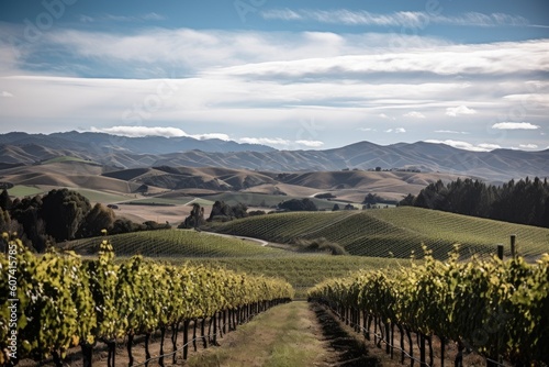 vineyard with rolling hills and distant mountain ranges in the background, created with generative ai