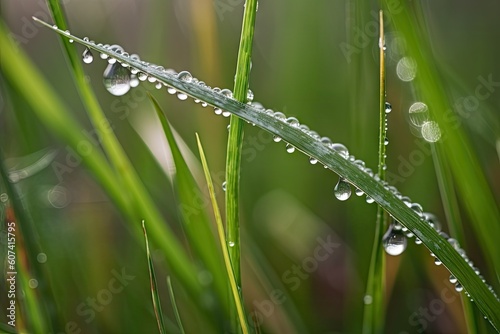 close-up of dewdrop on a blade of grass in misty meadow, created with generative ai