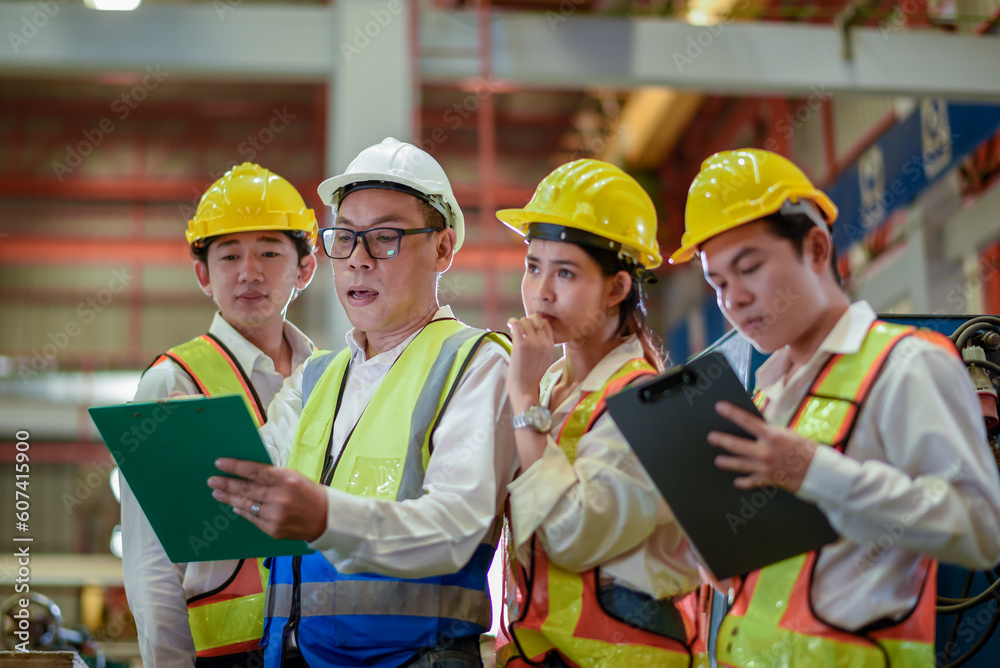 Factory apprenticeship. Header mentor teaching young employees trainee operating machine looking monitor and check Production process machinery. foreman explaining team engineer control machine Factory apprenticeship. Header mentor teaching young employees trainee operating machine looking monitor and check Production process machinery. foreman explaining team engineer control machine