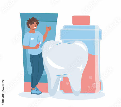 Man brush teeth. Young guy with brush and cleaning liquid near tooth.