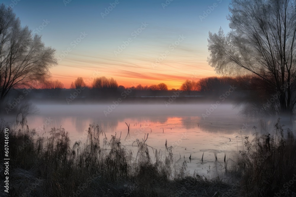 sunrise, with mist rising from the lake and trees, created with generative ai sunrise, with mist rising from the lake and trees, created with generative ai