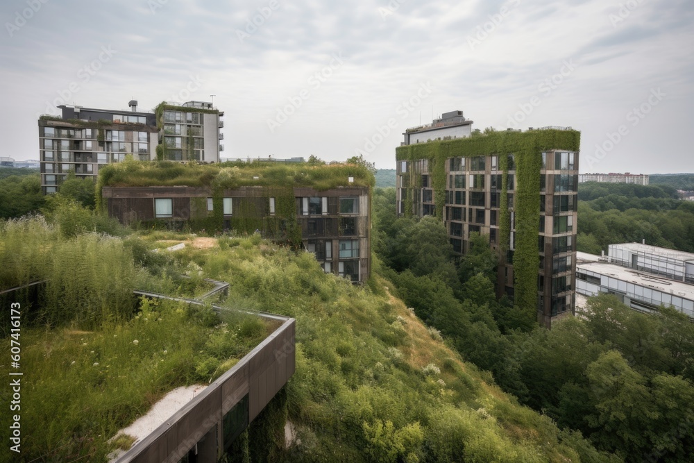 green rooftops filled with greenery, bringing nature up high, created with generative ai