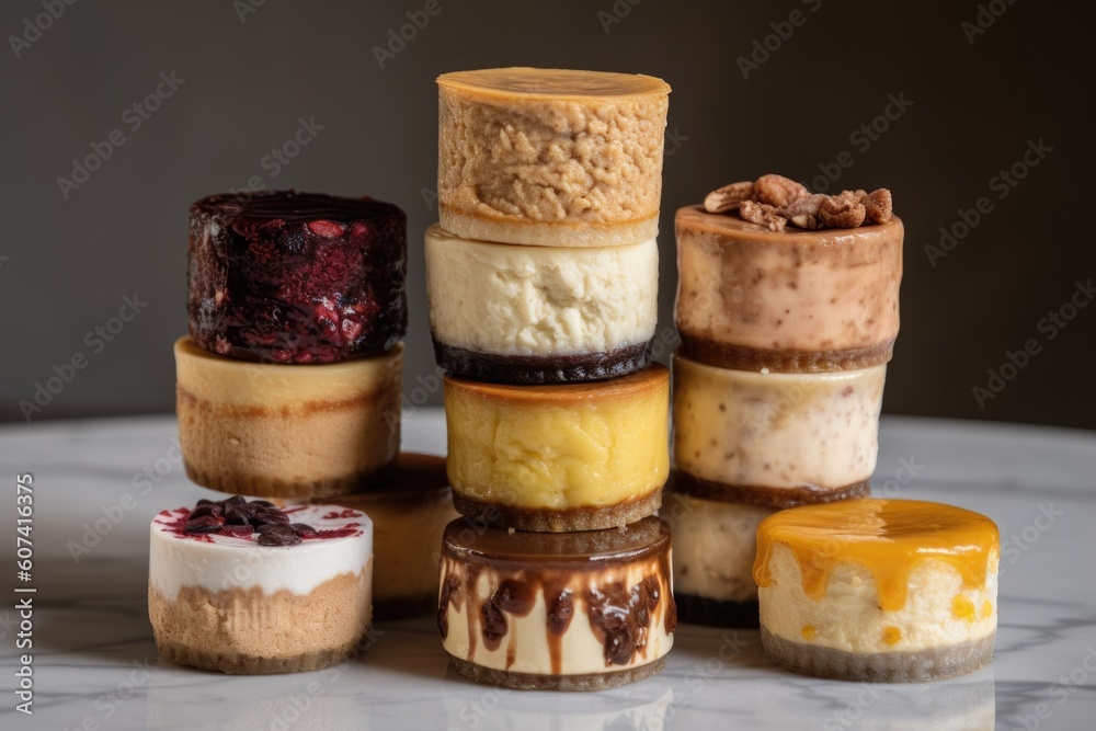 stack of individual baked cheesecakes, each with different flavor, created with generative ai