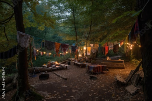 campsite with hammocks  lanterns  and blankets for a cozy experience  created with generative ai