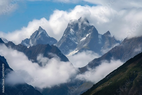 gigantic mountain range  with misty clouds hovering above and towering peaks in the background  created with generative ai