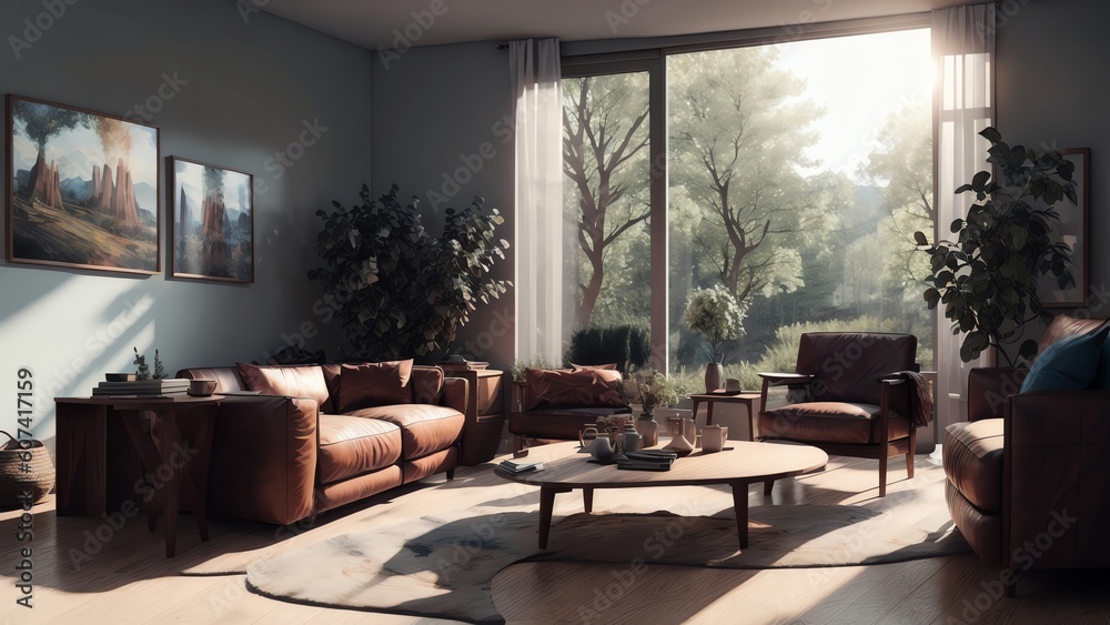 3d Rendering Of A Minimalist Mid-Century Living Room With A Leather Armchair And Table Against A White Wall And Wood Floor. Generative AI 3d Rendering Of A Minimalist Mid-Century Living Room With A Leather Armchair And Table Against A White Wall And Wood Floor. Generative AI