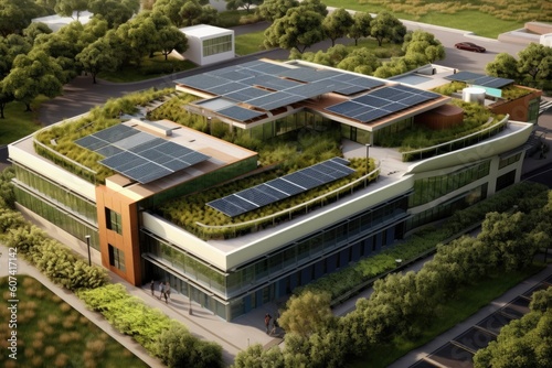 Sustainable business architecture building with green roofs, solar panels, and efficient energy systems, showcasing an environmentally conscious approach - Generative AI
