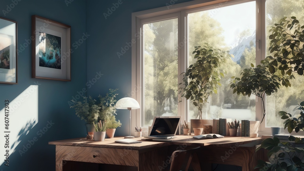 A Bright Scandinavian Study Room Features A Natural Wood Desk With A Table Lamp And Chair. Framed Pictures And Potted Plants On The Wall. All Illuminated By The Sun. Generative AI