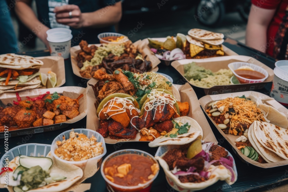 plate of street food from different cultures, including bbq skewers and tacos, created with generative ai