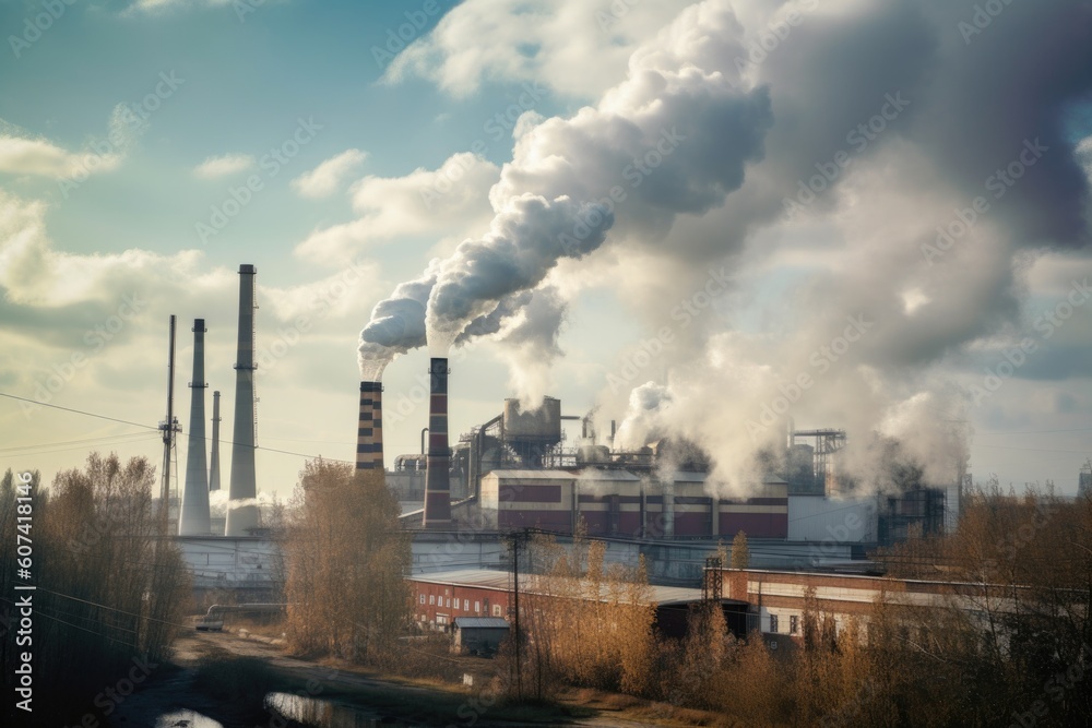 large factory, with smoke and steam rising from its chimneys, and air pollution visible in the sky, created with generative ai