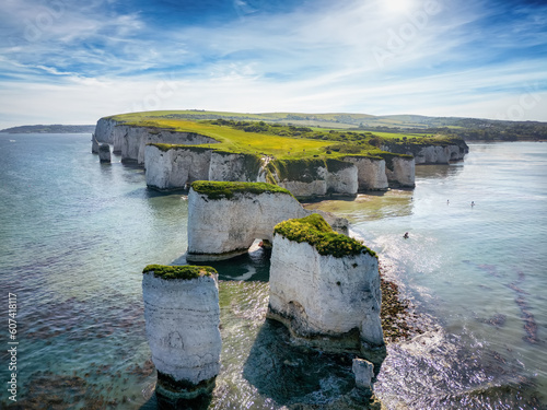 Quadro su tela Aerial view of the Old Harry Rocks, Jurrasic Coast, Dorset, England, during a su