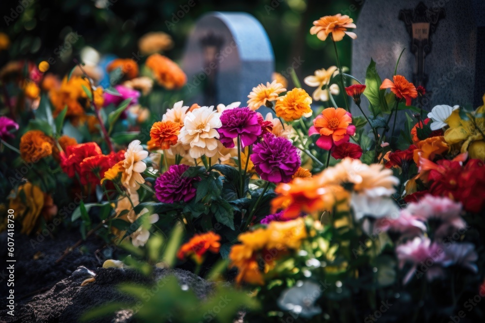 colorful blooming flowers on a grave, bringing life and beauty in the midst of death, created with generative ai colorful blooming flowers on a grave, bringing life and beauty in the midst of death, created with generative ai