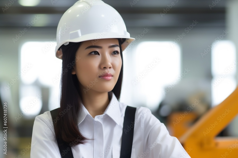 woman job smile engineer helmet asian occupation portrait industry industrial business. Generative AI. woman job smile engineer helmet asian occupation portrait industry industrial business. Generative AI.