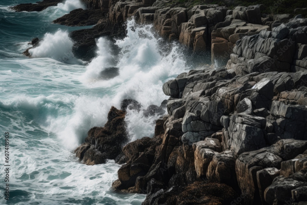 close-up of rocky shoreline with waves crashing against the cliffs, created with generative ai
