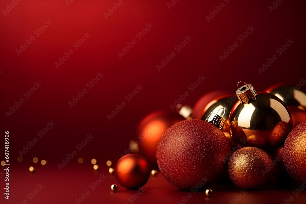 Christmas banner with red and gold balls on red blurred background. Copy space. Xmas greeting card. Close up. Happy New Year. Generative AI. Christmas banner with red and gold balls on red blurred background. Copy space. Xmas greeting card. Close up. Happy New Year. Generative AI.