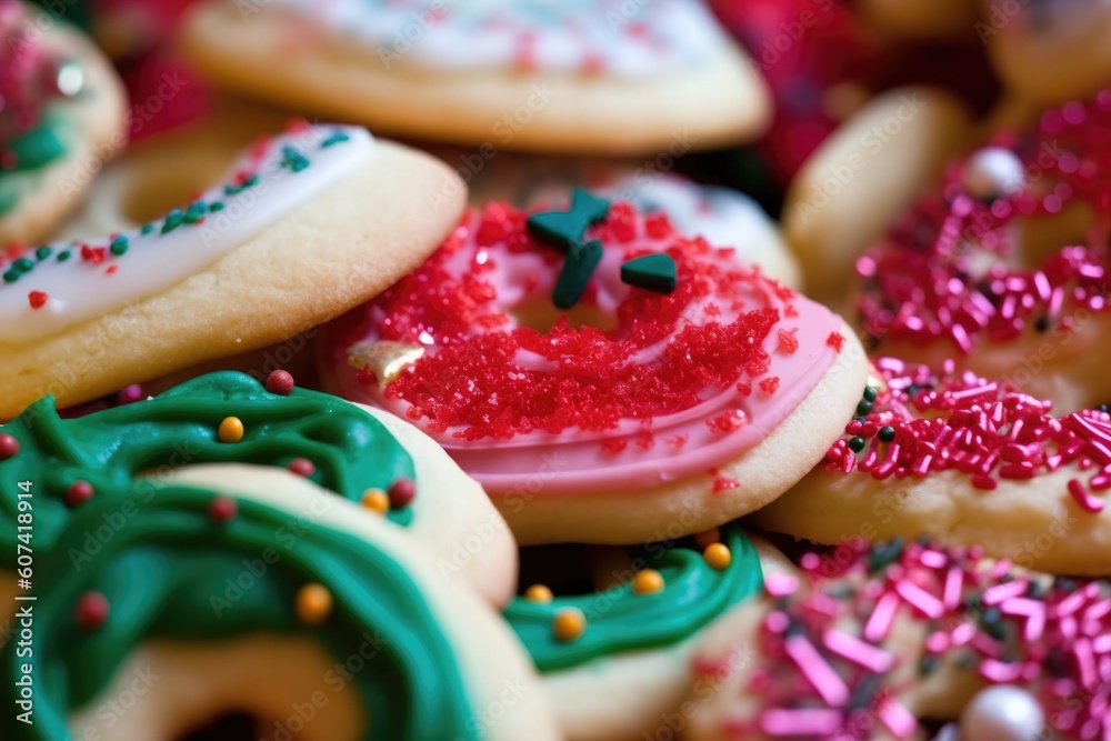 pile of holiday cookies, frosted and decorated in festive colors, created with generative ai