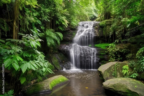 cascading waterfall surrounded by lush greenery, created with generative ai