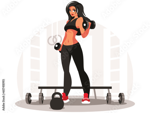 Female athlete trains with dumbbells in the gym of a fitness club. Woman pumping her biceps. Vector graphics