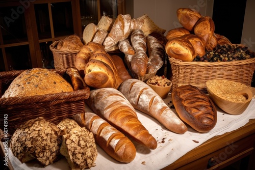 lineup of freshly baked breads, with different types and shapes for variety, created with generative ai