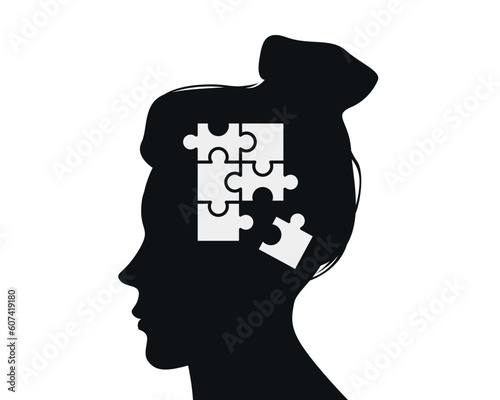 Head profile of a person with puzzle pieces. Vector for concepts of mental health, business or education problem solving, solutions, thinking or mental issues like autism.
