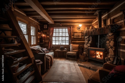 cozy cabin retreat with roaring fire, warm blankets & hot chocolate, created with generative ai © altitudevisual