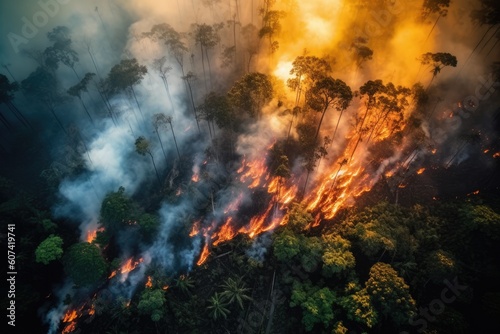 Aerial view wildfire in woods  draught and hot weather. AI Generated